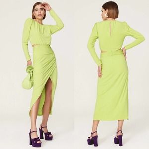 Self-Portrait Cutout Jersey Long Sleeve Ruched Asymmetric Wrap Midi Dress Sz10